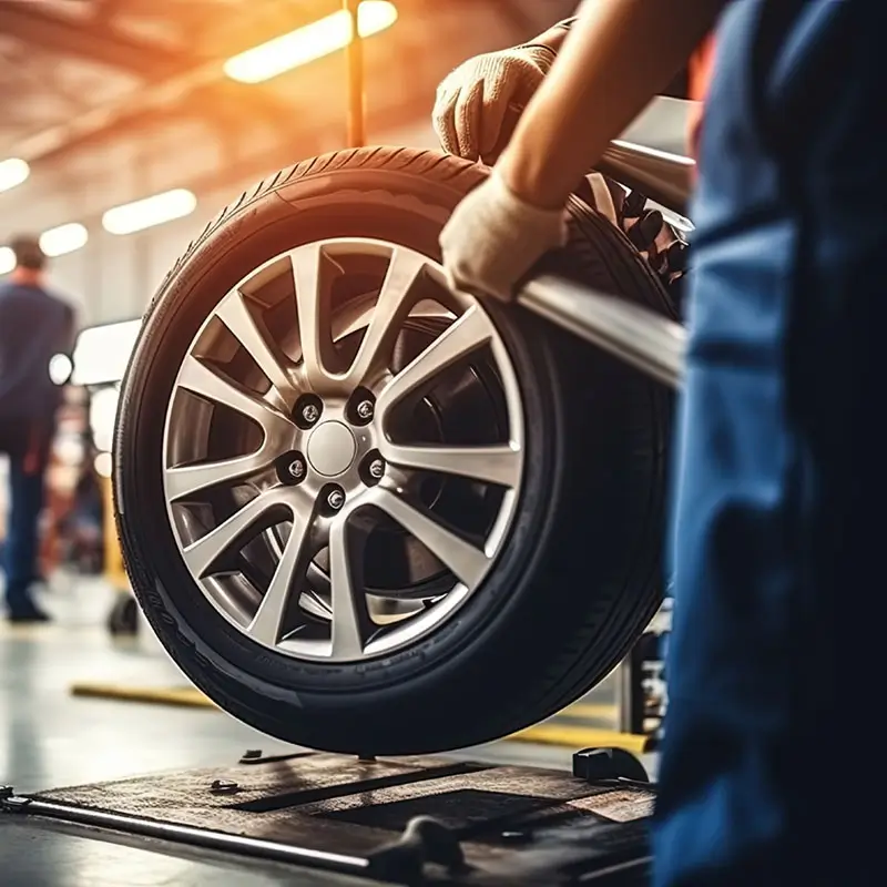 Car mechanics changing tire Car mechanics changing tire