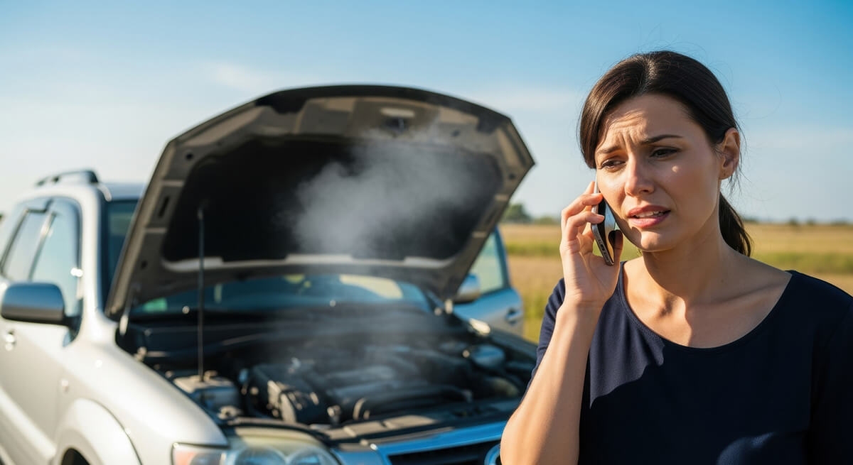 Upset woman calling for help roadside after car breaks down