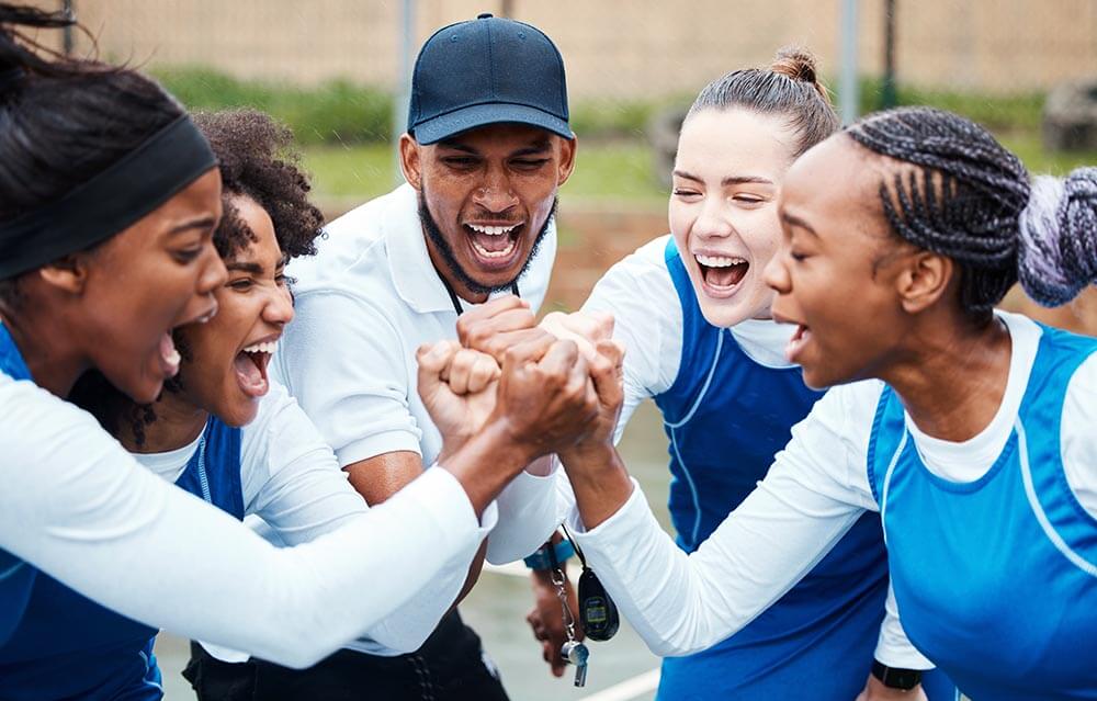 fitness coach or group of excited athlete girls with pride or solidarity together fitness coach or group of excited athlete girls with pride or solidarity together